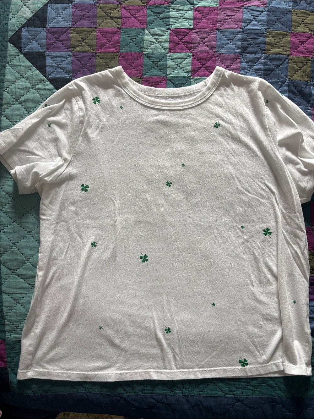 Old Navy Cropped White Short Sleeve Tee with Green Shamrock Accents